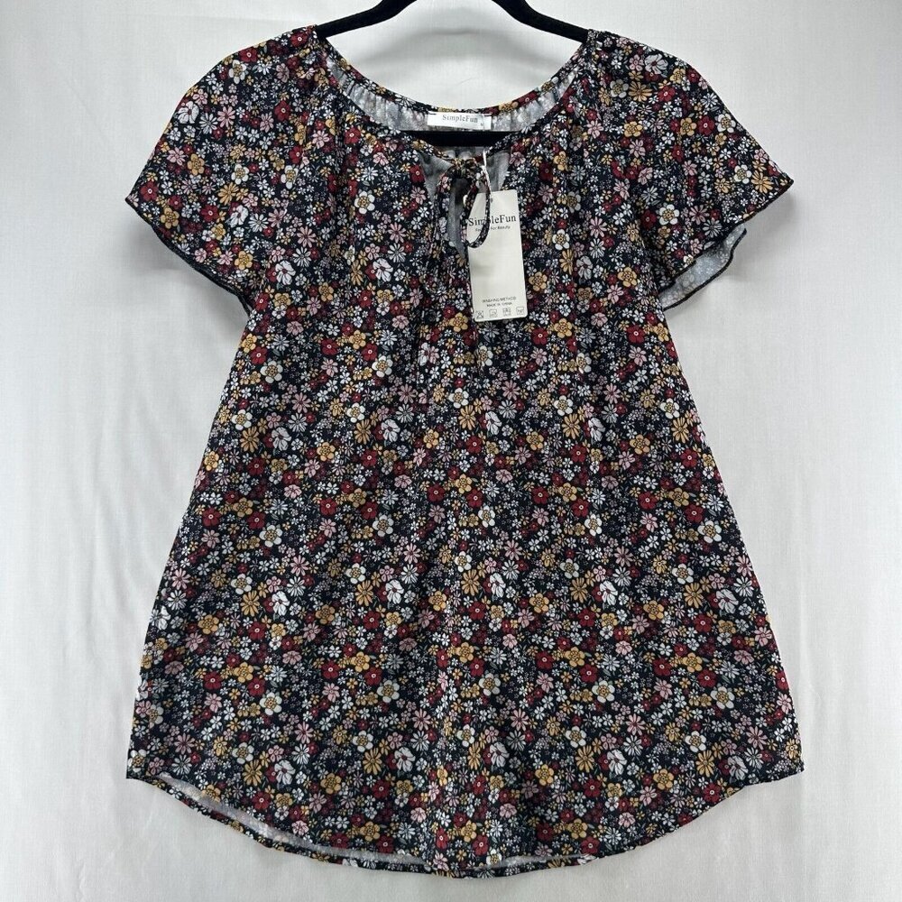 Simple Fun Tunic Size M Peasant Floral Blouse  Tie Neck Flare Sleeve Multicolor